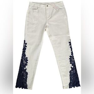 Soft Surroundings White Jeans with Navy Lace & Adornments NWT💕